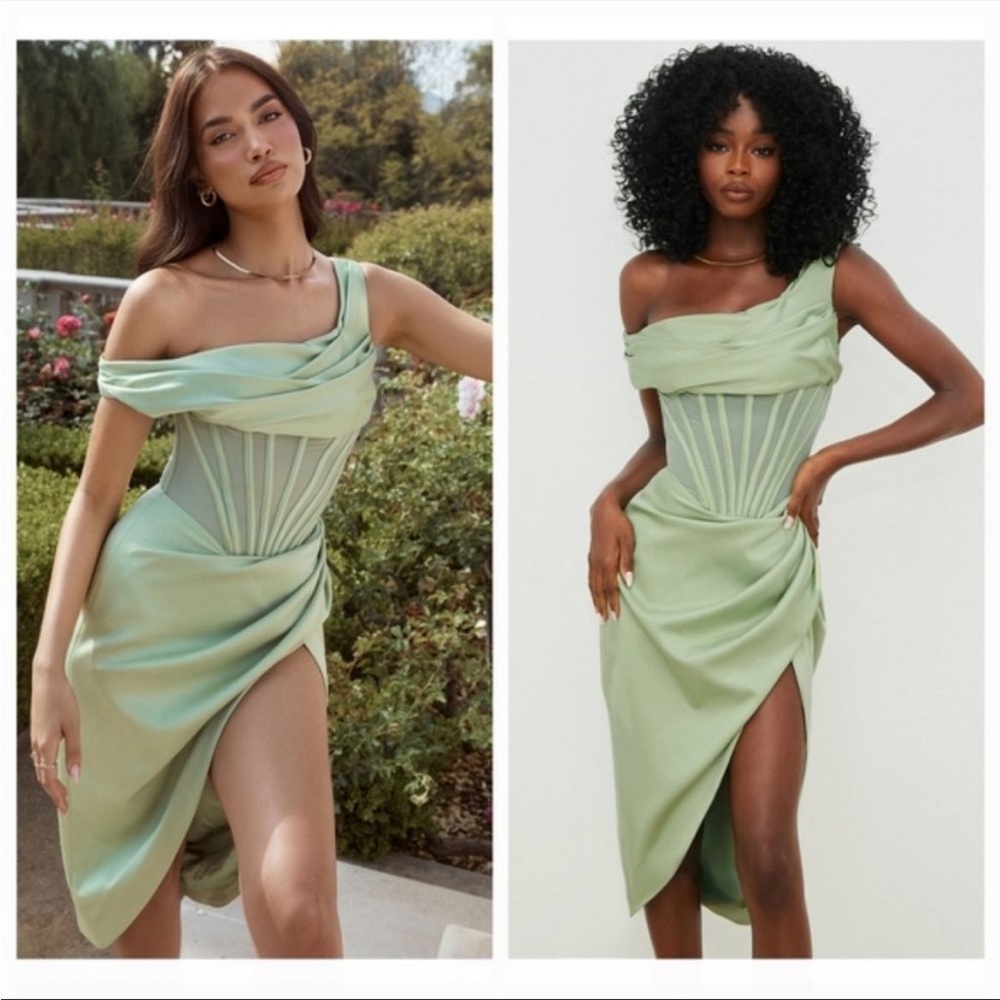 House of CB ‘Lulu’ Pistachio Asymmetric Drape Midi Corset Dress NWOT - Picture 6 of 14